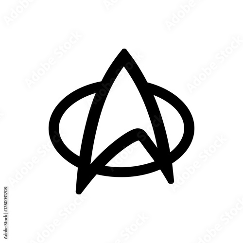 A stylized delta symbol with a circular element around it in bold black lines on a white background view