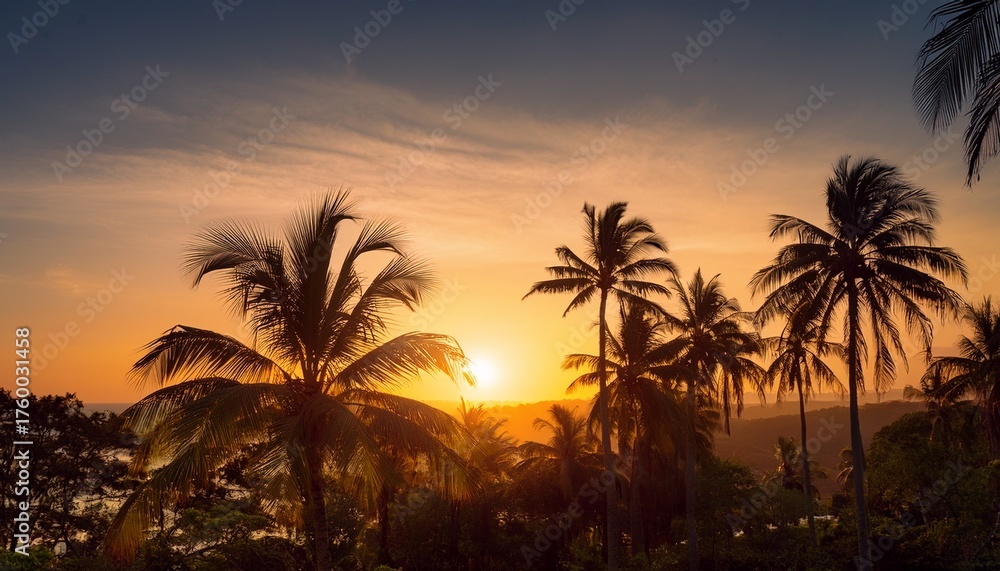 Obraz premium Golden Sunset Silhouetting Tropical Palm Trees In A Serene Nature Setting