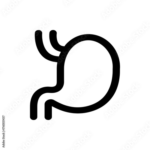Illustration of a stylized human stomach with esophagus and intestines in black outline on white background
