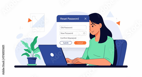 Reset your password easily with this modern security concept, featuring a woman using a laptop for secure access in a bright, contemporary setting