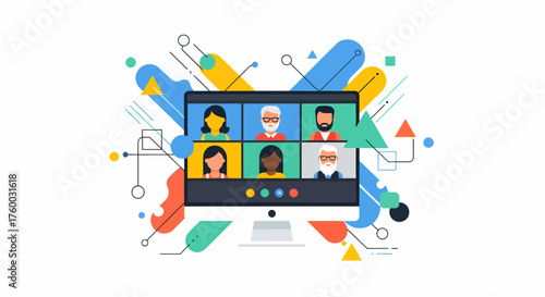 Connect globally with a virtual team meeting on a modern desktop, showcasing diverse faces and dynamic geometric shapes for a vibrant, professional feel