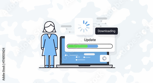 Woman waiting for software update on laptop, modern design, technology concept for digital transformation, system upgrade, and online security solutions