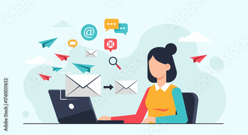 Enhance your email marketing with a professional illustration of digital communication and a woman managing her inbox efficiently for business growth