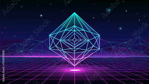 Abstract Gridscape Diamond Portal Illustration with Vaporwave Aesthetics Outrun Style for Geometric Design and Futuristic Backdrop Concept.