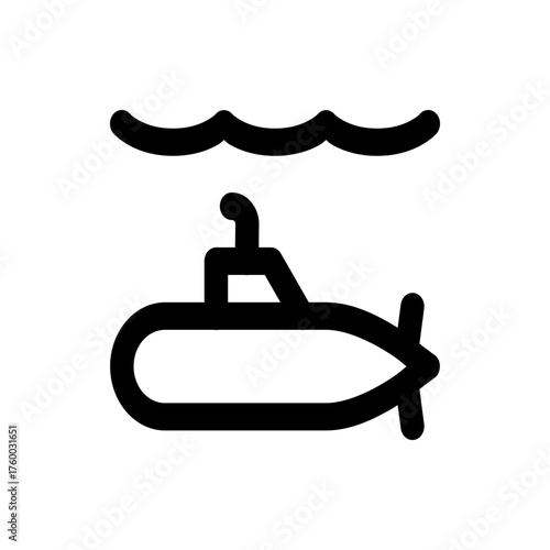 A simple black line drawing of a submarine under wavy water, depicted in a minimalist style icon design