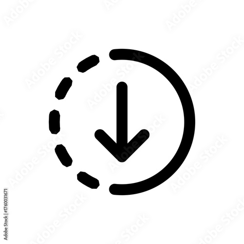 Arrow pointing down inside a partially dotted circle indicating download or progress in black and white color