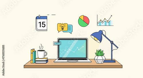 Modern workspace illustration showing business growth and planning, ideal for presentations or website design, reflecting productivity and creative ideas