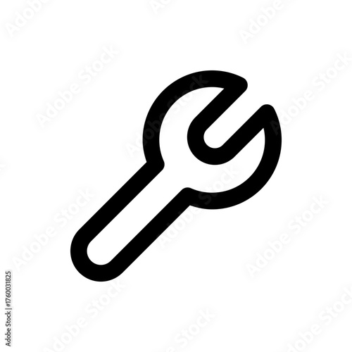 Illustration of a black outlined wrench tool with a rounded handle and open end on a white background view