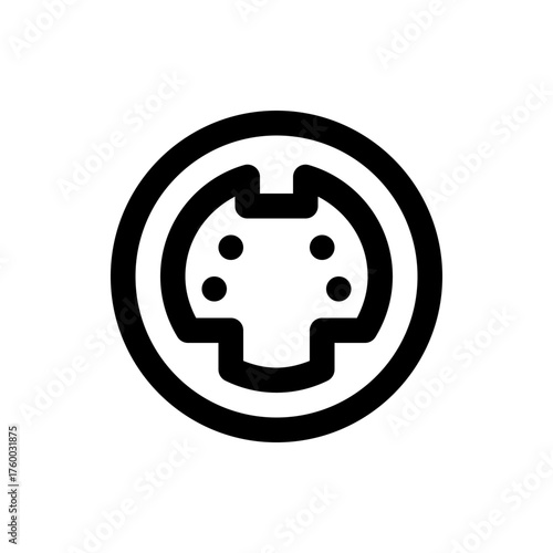 Illustration of a round connector with four pins inside a double circle in black and white design