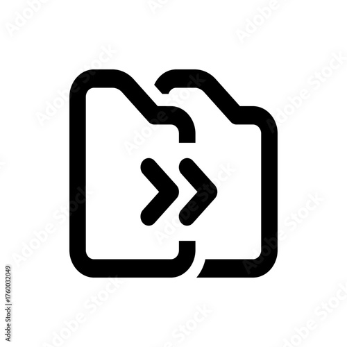 Two overlapping document icons with rounded corners and a double right arrow symbol in the foreground