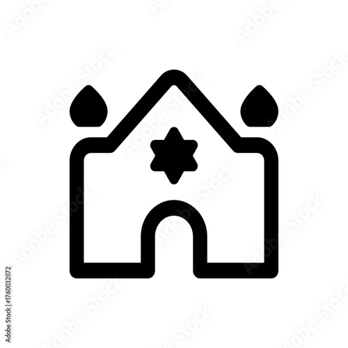 Illustration of a synagogue with a star of david and two rounded shapes on top in black and white color