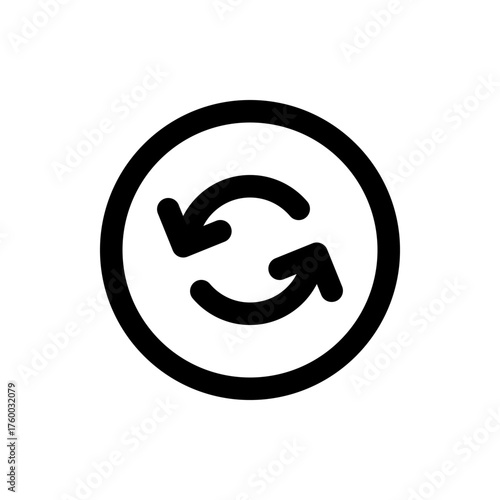Black circular arrows rotating within a black circle outline on a white background illustration image