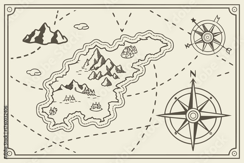  Create a line-art vector map of an imaginary fantasy archipelago volcanoes, hidden bays, sailing routes, compass rose, vintage travel-map feel