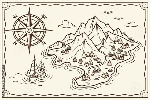  Create a line-art vector map of an imaginary fantasy archipelago volcanoes, hidden bays, sailing routes, compass rose, vintage travel-map feel