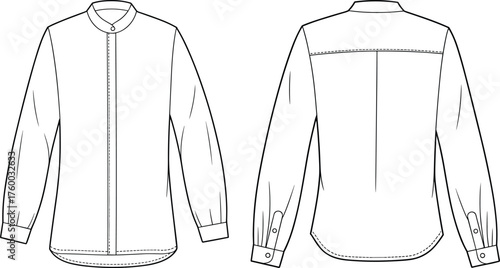Long-sleeve shirt sketch, stand collar, button placket, curved hem, center pleat, fashion flat, garment design, vector illustration, apparel template