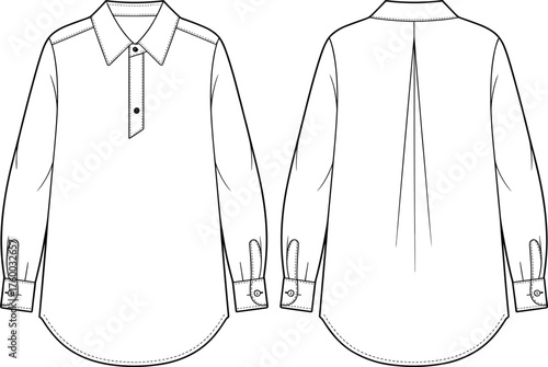 Long-sleeved shirt sketch, pointed collar, button placket, curved hem, box pleat, fashion flat, garment design, vector illustration, apparel template