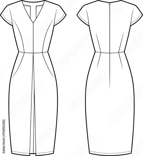 Technical dress sketch, V-neck midi dress, cap sleeves, princess seams, garment construction, fashion flat, vector illustration, apparel design