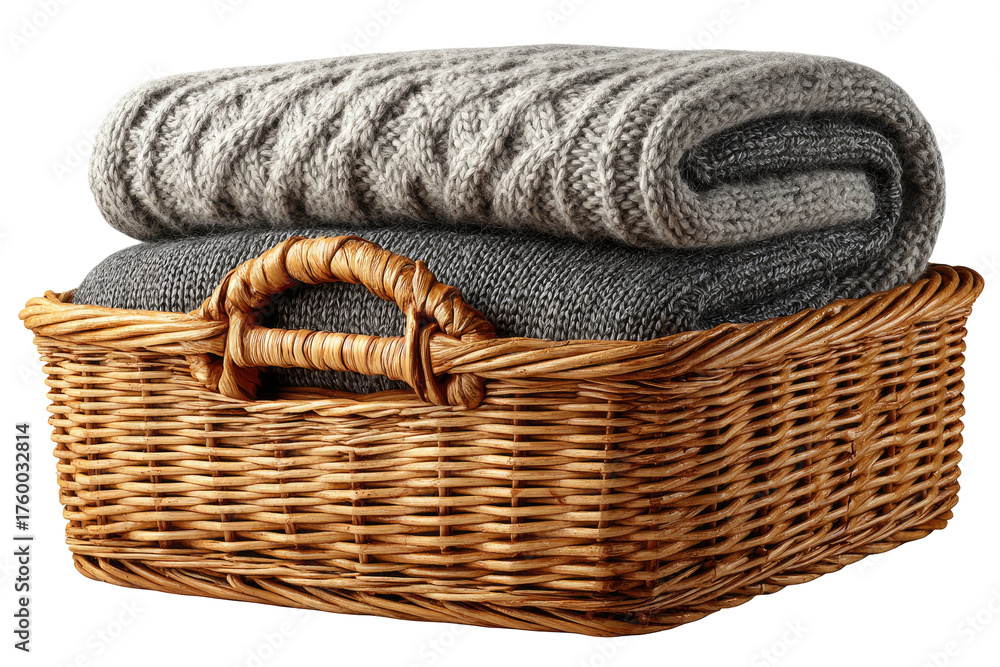 Obraz premium Knitted blankets neatly stacked in a wicker basket