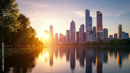 Wallpaper Mural A picturesque cityscape with tall buildings, set against a sunset sky reflected on the water Torontodigital.ca
