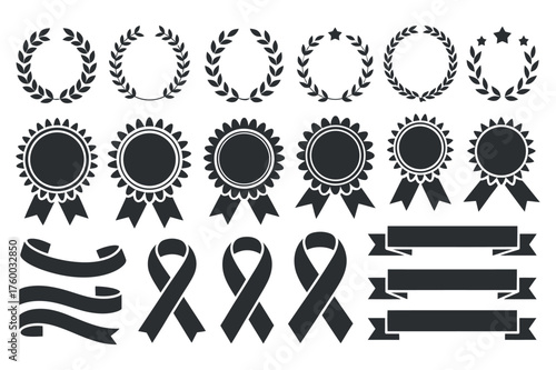 Awards Ribbons Medals Laurels Vector Icons Set Monochrome Collection Symbols Achievement Ceremony Isolated on Transparent Background