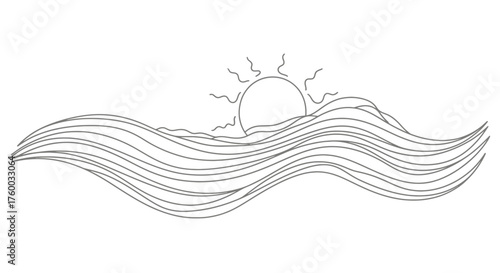Minimalist Sunrise Over Ocean Waves: Serene Black and White Line Art Illustration