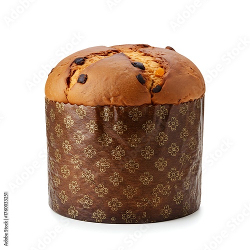 Traditional Italian panettone bread with raisins and chocolate chips in decorative brown paper mold, isolated on white background, classic Christmas dessert and holiday sweet pastry