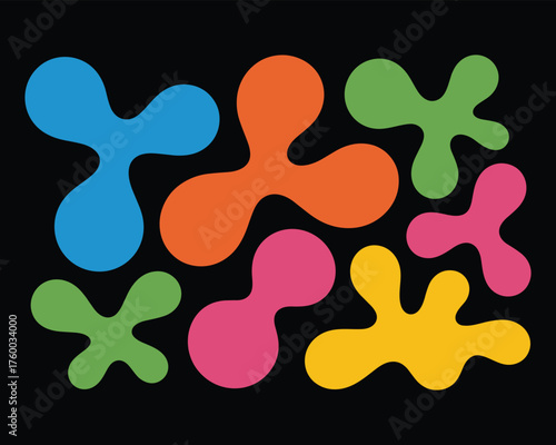 Colorful abstract retro shapes in a variety of vibrant colors arranged on a black background