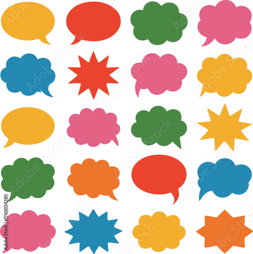 Colorful speech bubbles and starburst shapes arranged in a seamless pattern on white background