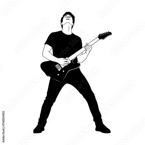 Silhouette of young caucasian male guitarist playing electric guitar in black t-shirt