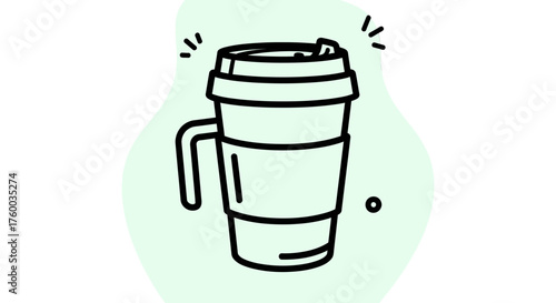 Minimalistic Coffee Cup Illustration Against a Light Green Shape with Sparkle Accents