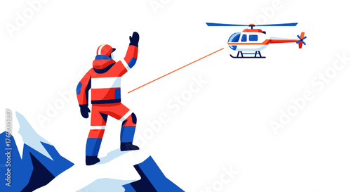 Mountain Rescue Operation: Climber Signaling For Assistance Towards The Helicopter