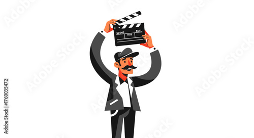 Movie Director Raising Clapboard In Front Of Dark Background Artistic Illustration