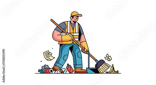 Municipal Worker Sweeping Litter Creating A Hygienic Environment in A Vibrant Illustration