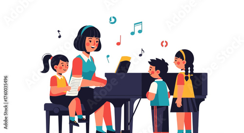 Music Education: Children Learning Piano And Notes From Their Teacher