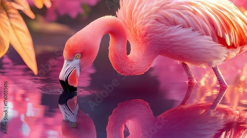 A close-up of a flamingo bending gracefully to drink from a reflective pink-tinted lake, vivid reflections.