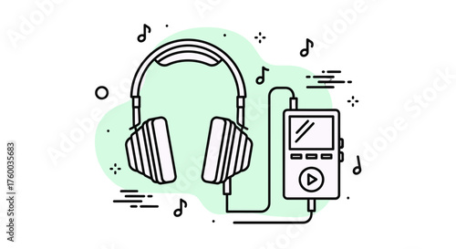 Minimalistic Headphones and Music Player Illustration on a Black Backdrop Design