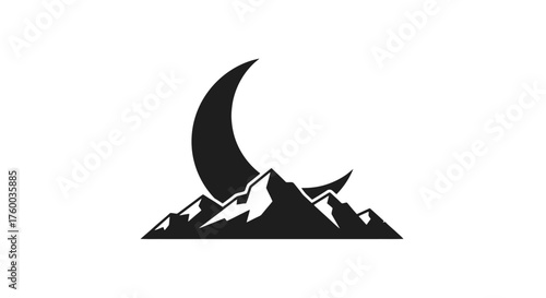 Nightscape Mountain Silhouette With Crescent Moon Depicting Calmness And Mystery