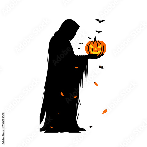 Grim Reaper Holding Jack-o’-Lantern Pumpkin with Flying Bats and Autumn Leaves