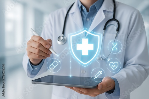 Health insurance protection and data security as doctor holds a tablet with glowing medical shield and interconnected care icons