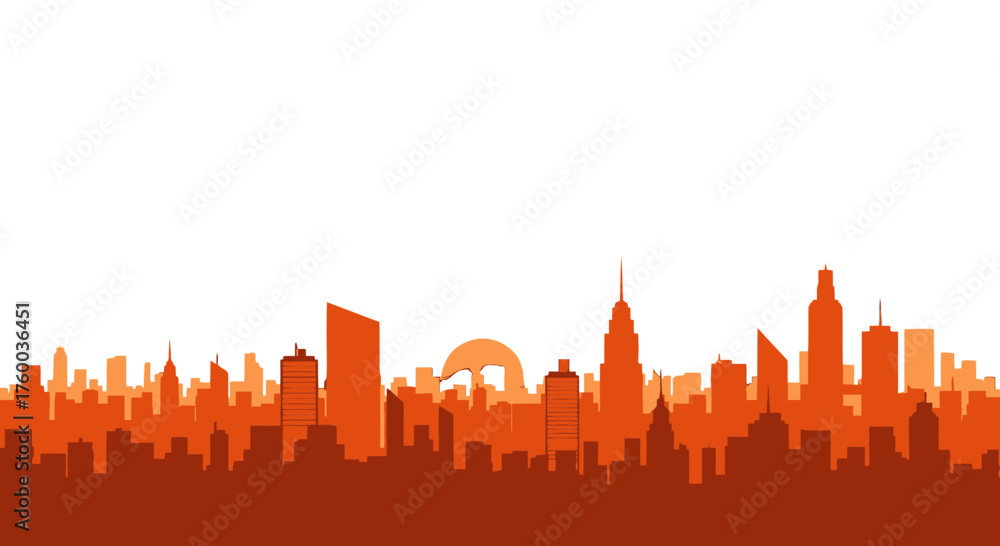 Fototapeta premium Orange City Silhouette At Sunset In Front Black Sky With Urban Buildings