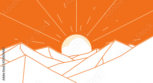 Orange Illuminated Sunset Over Contoured Black Mountains With Linear Sunlight Rays