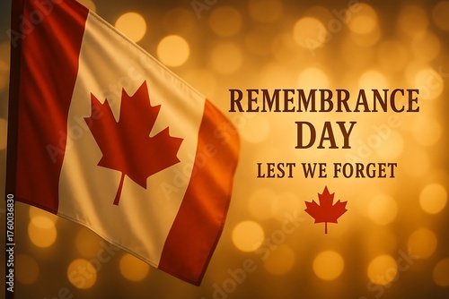 Remembrance Day Canada greeting card featuring a waving Canadian flag against a warm golden bokeh background with the text 