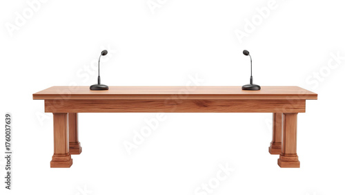 PNG of Elegant wooden conference table with two microphones, ideal for meetings or presentations.
