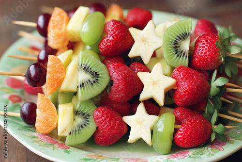 Playful kid's breakfast with fruit skewers shaped like stars and hearts. 