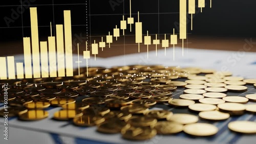 Financial chart with growing bars and candlestick pattern above gold coins on a table