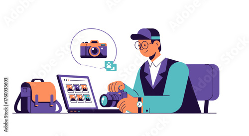 Photographer Editing Photos on Laptop with Camera and Gear, Dark Background, Minimalist Illustration