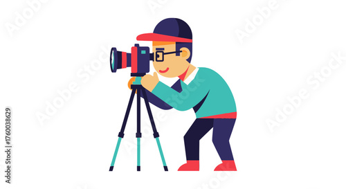 Photographer Taking Photos With Camera on Tripod Against Black Backdrop