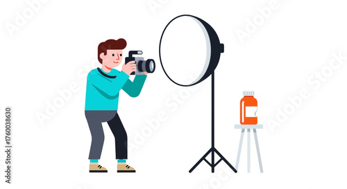 Photographer Taking Picture Of Bottle With Studio Lighting Setup Against Black Background