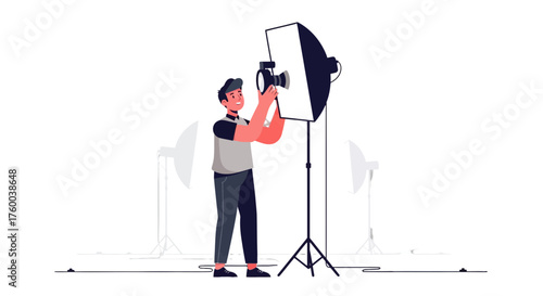 Photographer Working With Studio Lights Preparing For A Photo Session On Black Background