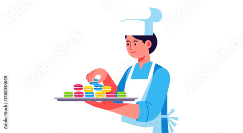 Pastry Chef Artistically Arranging Colorful Macarons in a Delightful Culinary Presentation